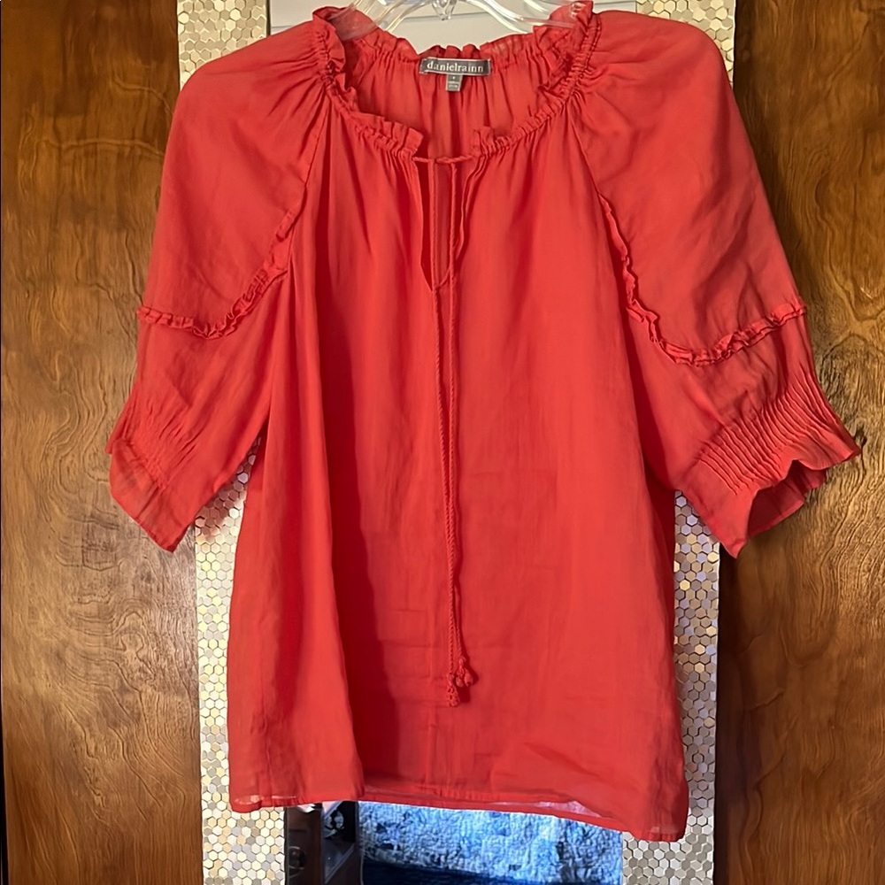 danielrainn BeachLunchLounge Pink Puff Sleeve Blouse with Tie Front